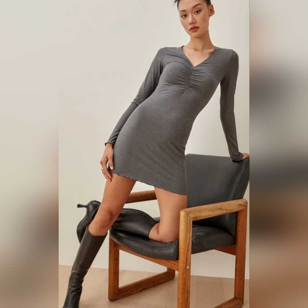 Reformation -Jennie Dress.  V-Neck Mini, ribbed knit fabric, size M,Gray